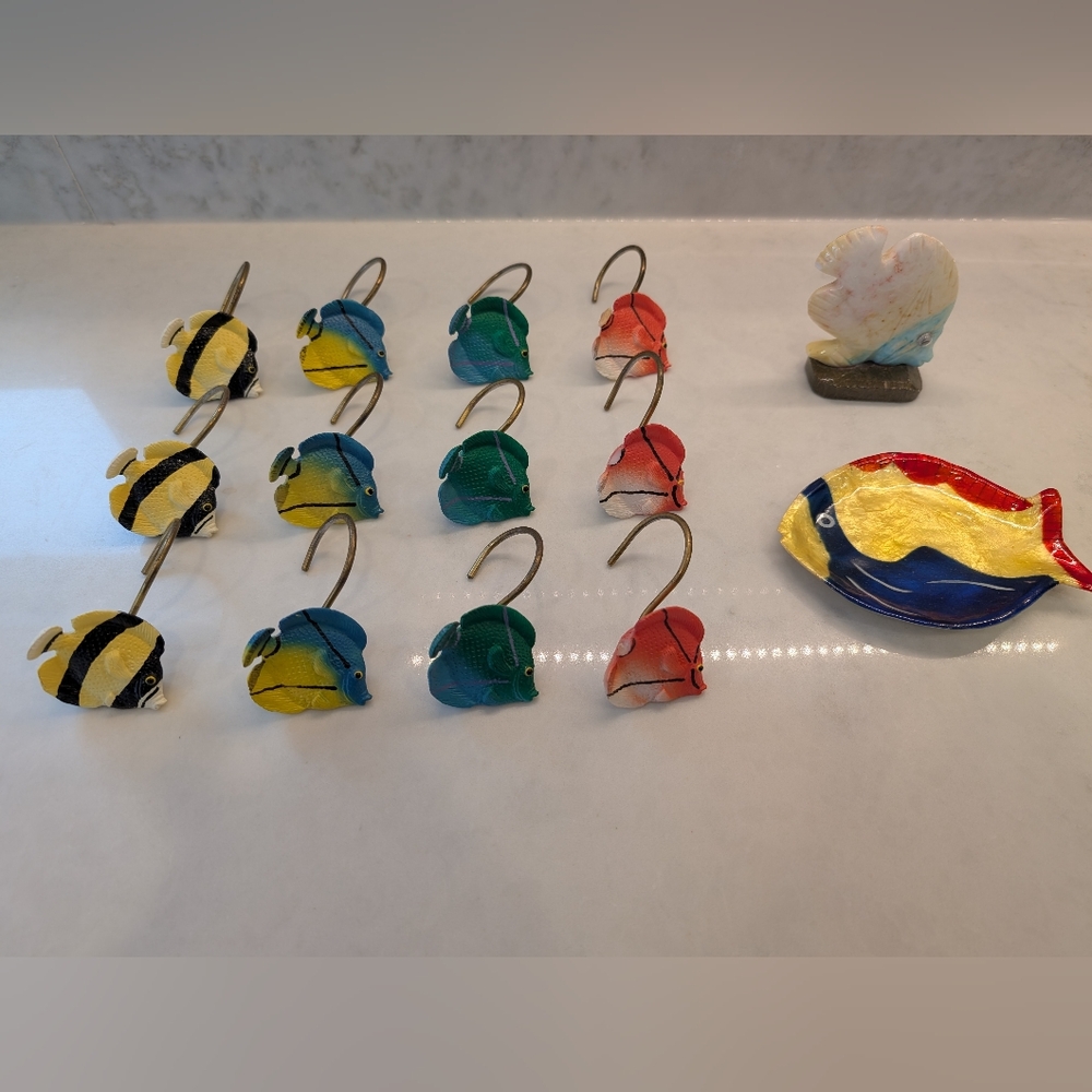 Fish shower curtain hooks, fish art and statue